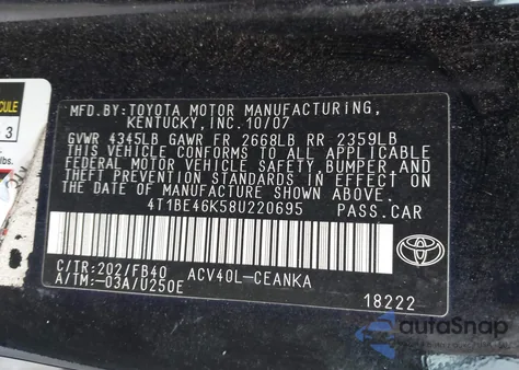 2008 Toyota Camry Le z USA, uszkodzony, nr VIN 4T1BE46K58U220695